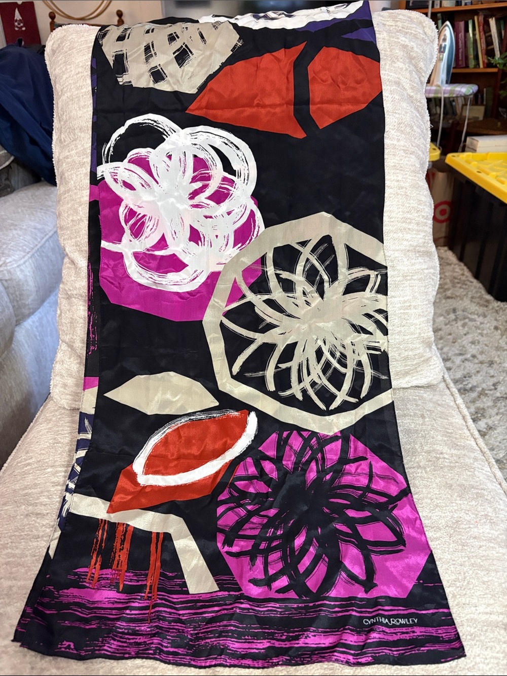 Cynthia Rowley Scarf 100 % silk w/ Floral & Geometric Print whimsical Statement